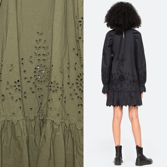 SEA NEW YORK Floral Eyelet Cotton Poplin Long‎ Puff Sleeve Ruffle Hem Dress XS - Picture 4 of 10